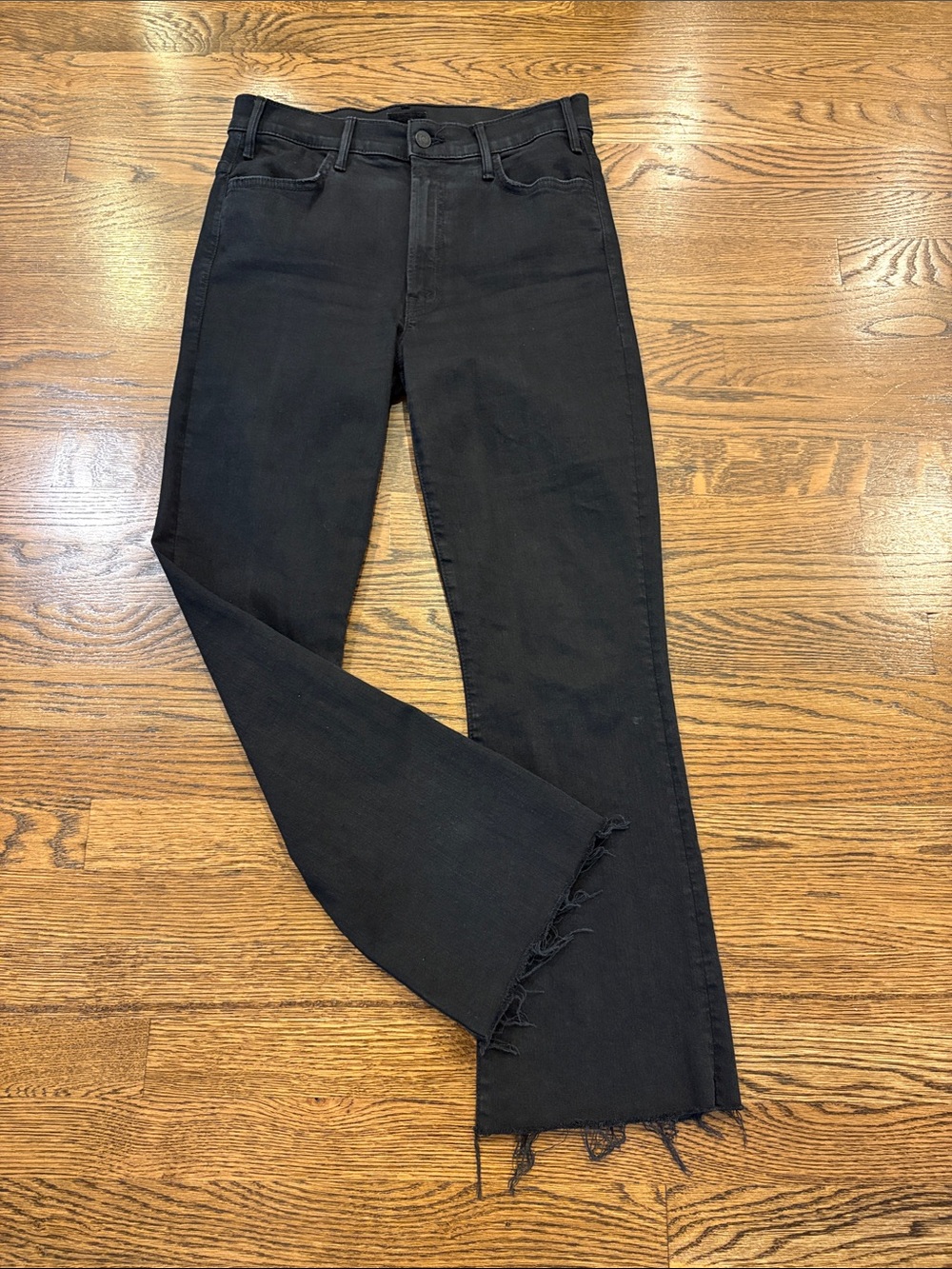 MOTHER denim The Hustler Ankle Fray Black Women's High-Rise Raw-Hem Jeans, 28